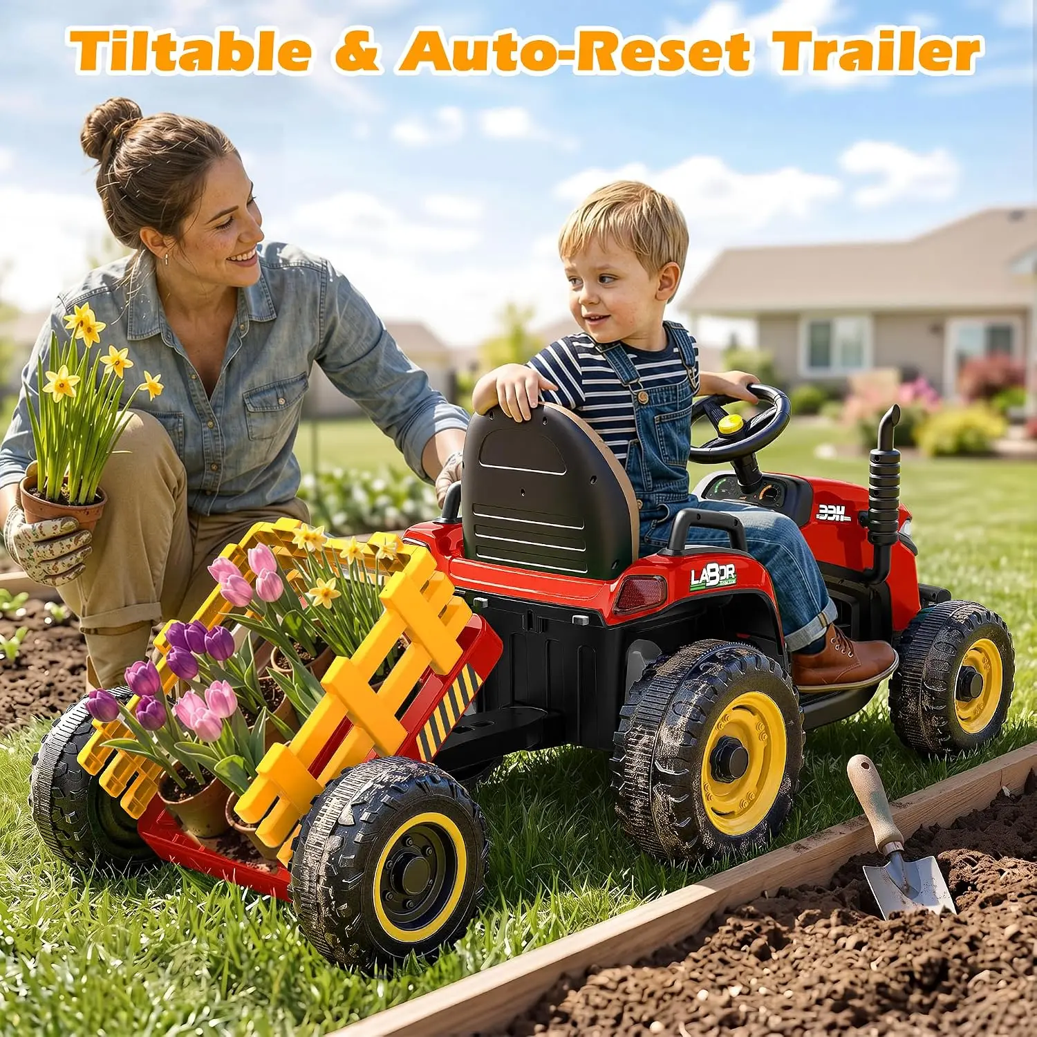 12V 7AH Kids Ride On Tractor Trailer Remote Control Red Ride Toys Ages 2 5 Dual 45W Motors Shifter 66Lbs Weight Capacity Bluetoo