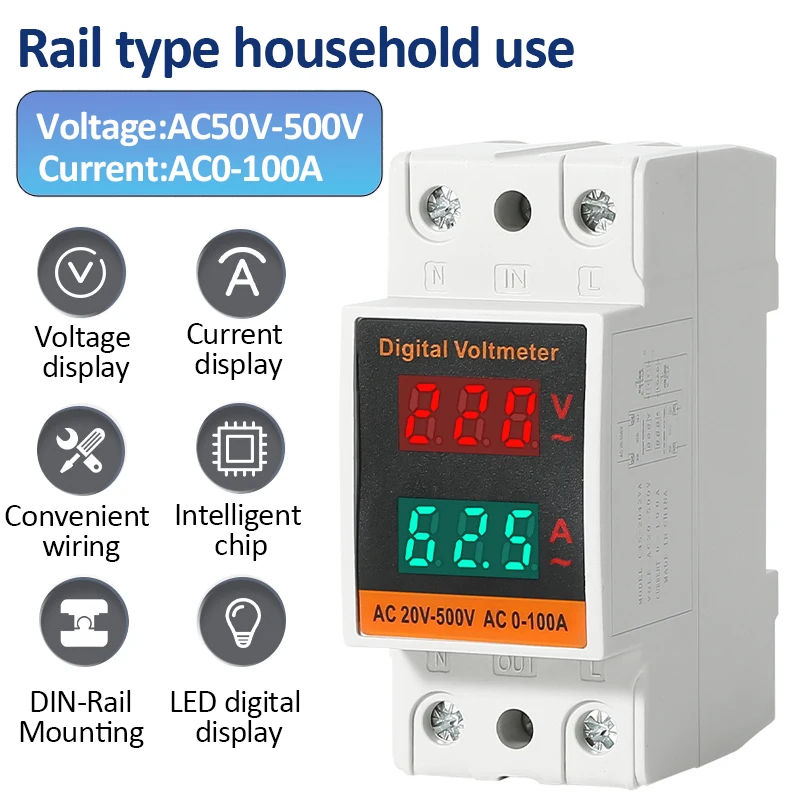 التيار المتناوب الفولتميتر مقياس التيار الكهربائي AC50-500V 0-99.9A التيار المتناوب الحالي والجهد متر Din السكك الحديدية العرض المزدوج مقياس الكهرباء الرقمي مقياس الطاقة