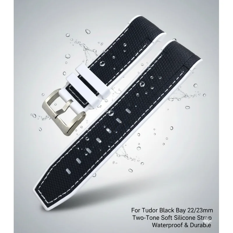 New Natural Rubber Watchband 22mm 23mm for Tudor Strap Black Bay Bronze Two Tone Wristband Soft Silicone Watch Band Free Tools