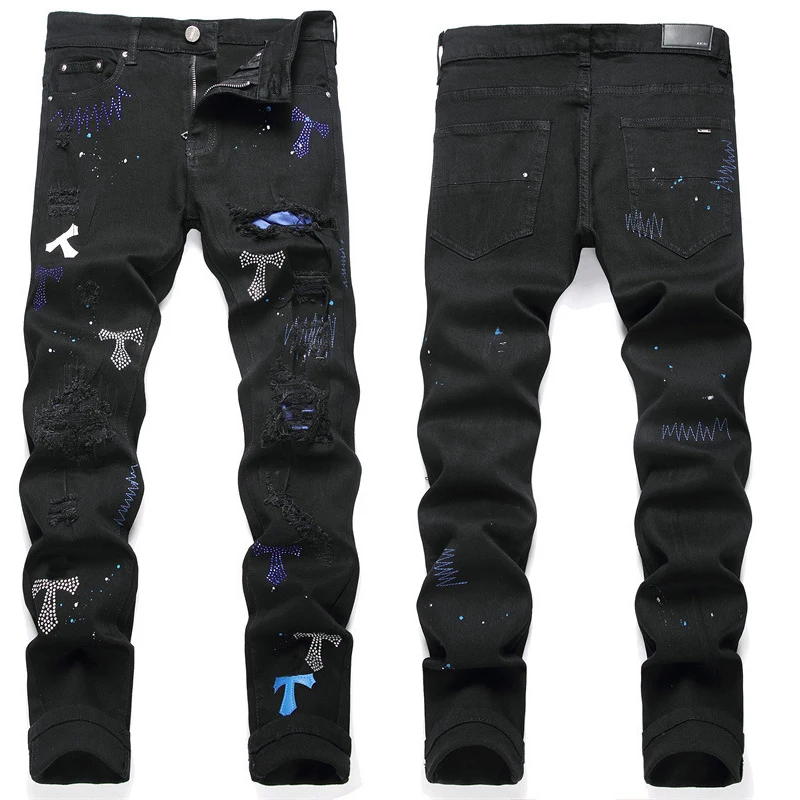 2024 new Men's jeans 3109 ripped patch black trend stretch slim legs personalized men's pants