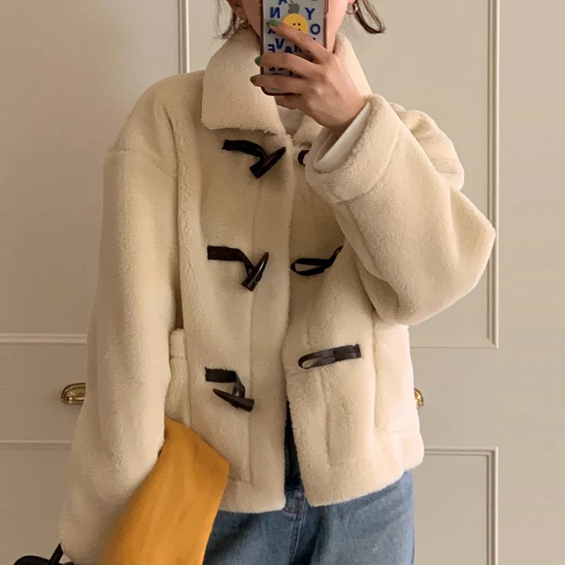 Gagarich Korean Chic Winter Cute Collar Bull Horn Buckle Loose Double Pocket Versatile Long Sleeve Lambhair Coat Women