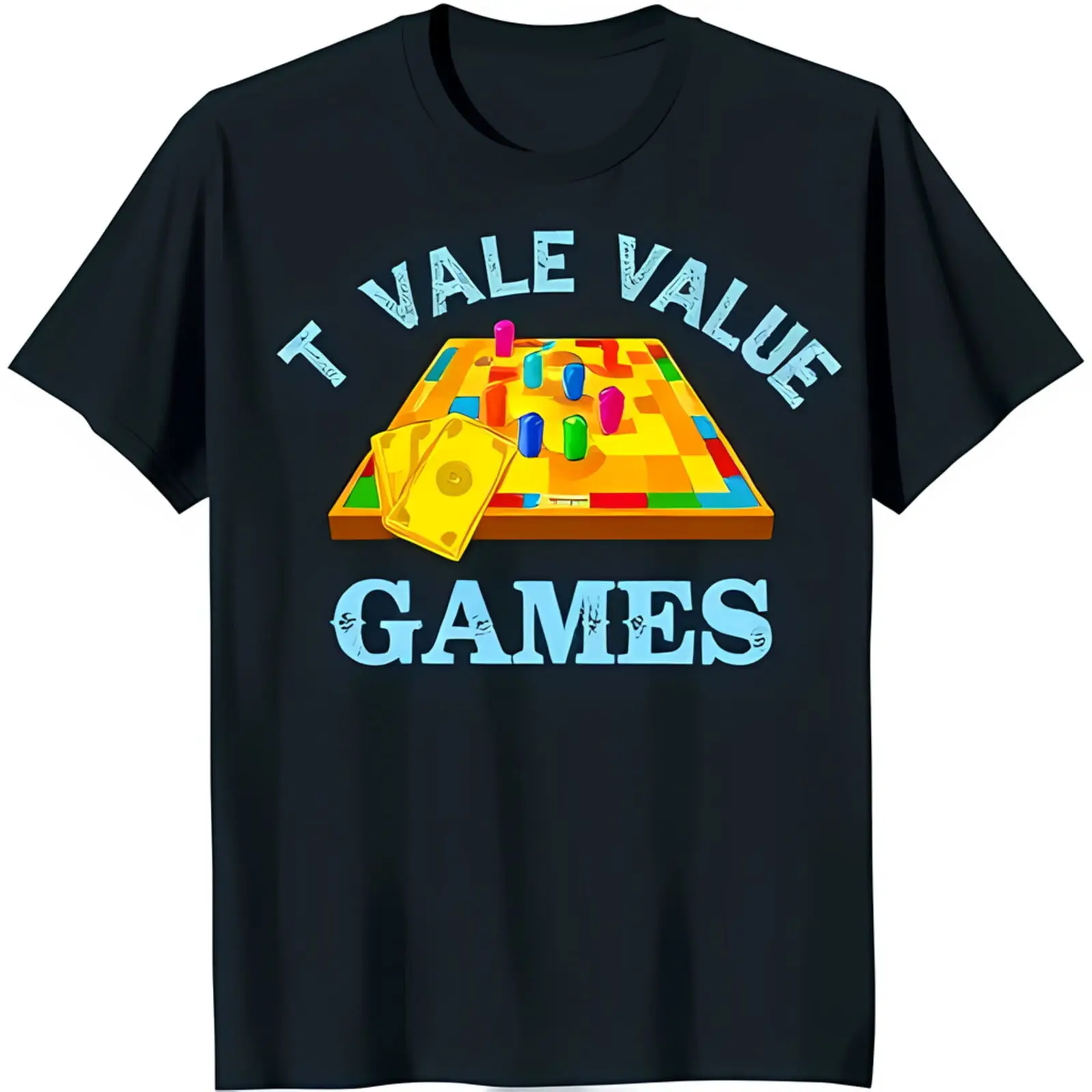 I Vale Value Games Black T-Shirt with Colorful Board Game Graphic