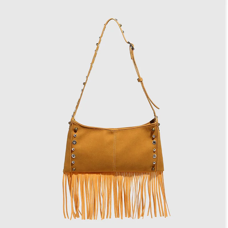 

Fashionable female punk style long tassel rivet tramp armpit tote bag luxury niche design multifunction motorcycle armpit bag