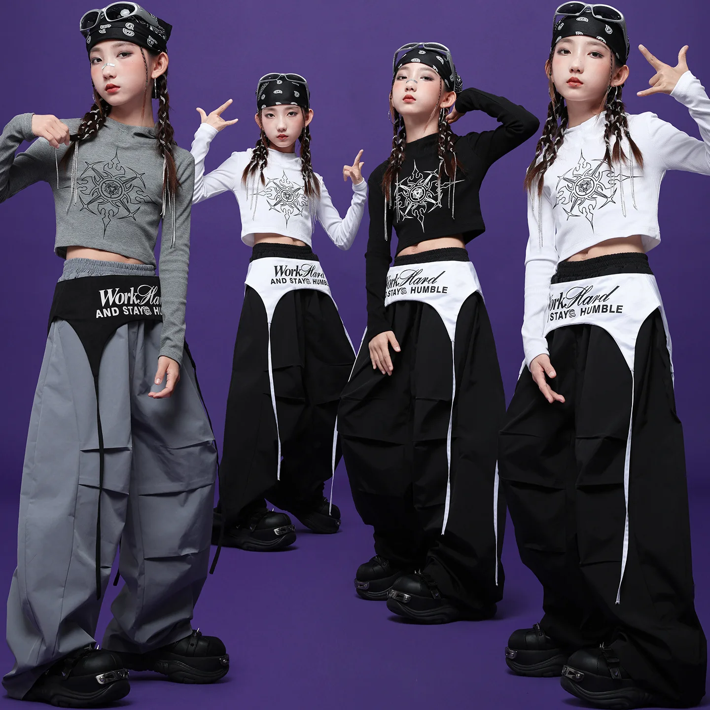 Kid Kpop Abbigliamento Hip Hop Nero Grigio Crop Felpa con cappuccio T Shirt Casual Pantaloni larghi da paracadute per ragazza Ragazzo Costumi di danza di strada Vestiti