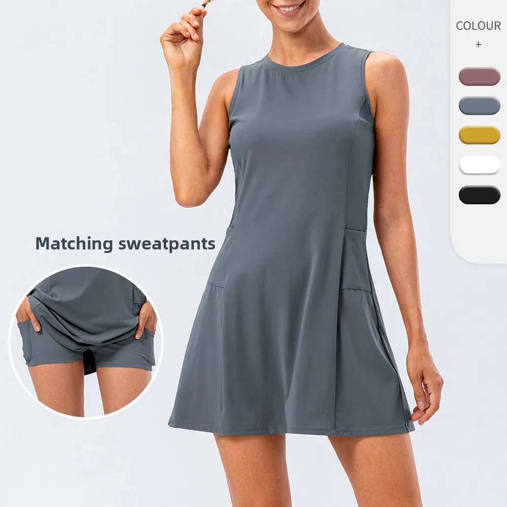 Women's tennis skirt set with shorts, anti glare sports dress+shorts two-piece set, fitness sports golf skirt fitness set