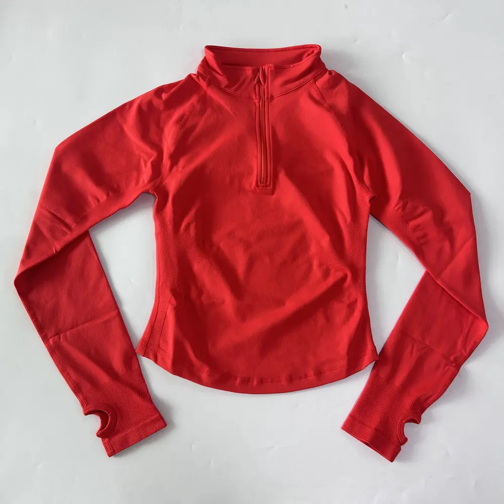 Yoga-Jacke ohne Logo mit halbem Reißverschluss, Damen-Langarm-Sportoberteil, nahtloser Lauf- und Workout-Mantel, Fitnesskleidung, Activewear – Detail 3