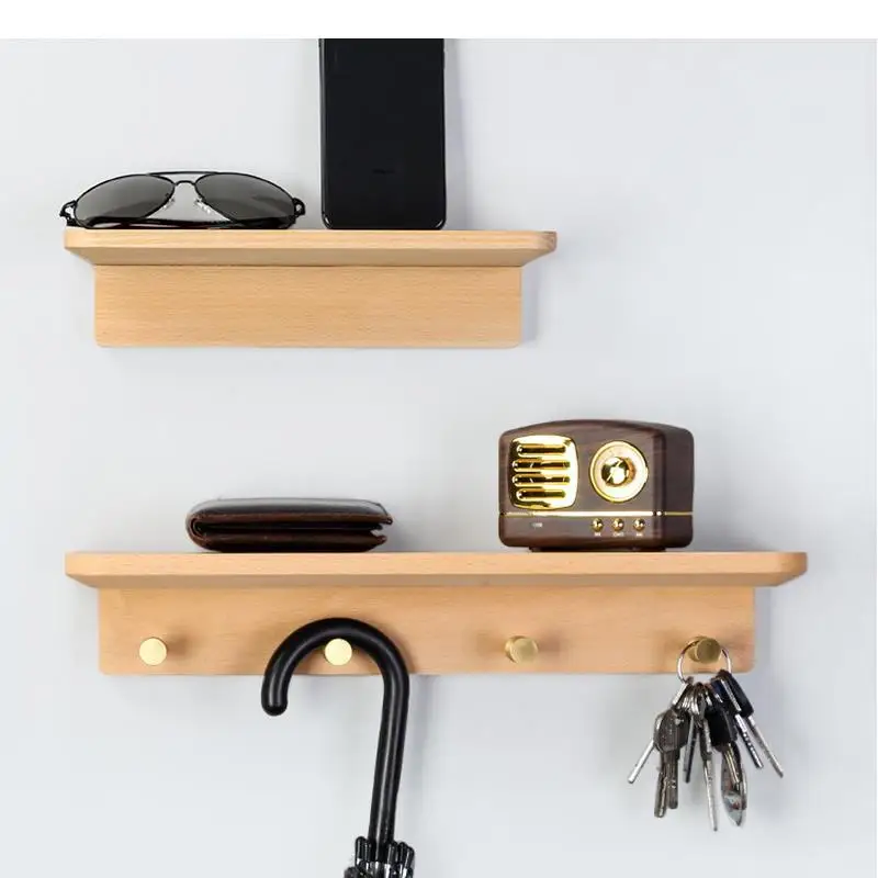 

Solid Wood Hook Wall Hanging Shelf Clothes and Hats Hooks Key Hanger Decorative Hook UpWall-mounted Storage Rack Organizer