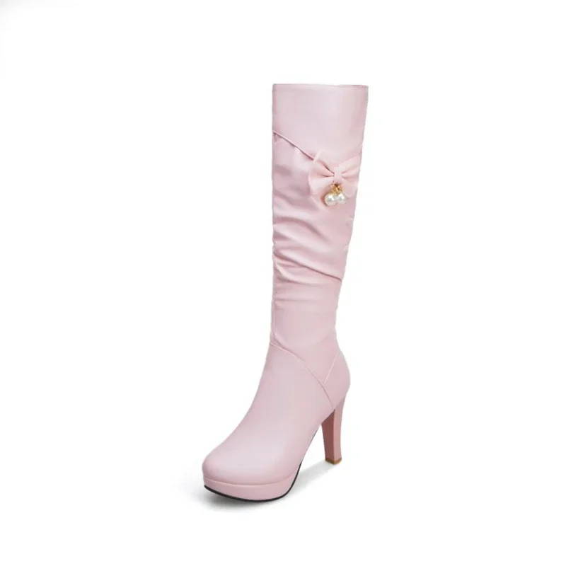 

Knee High Boots Women Leather Comfortable Autumn Winter Black Pink White High Heels Long Platform Boots Size 32-43 A50-16
