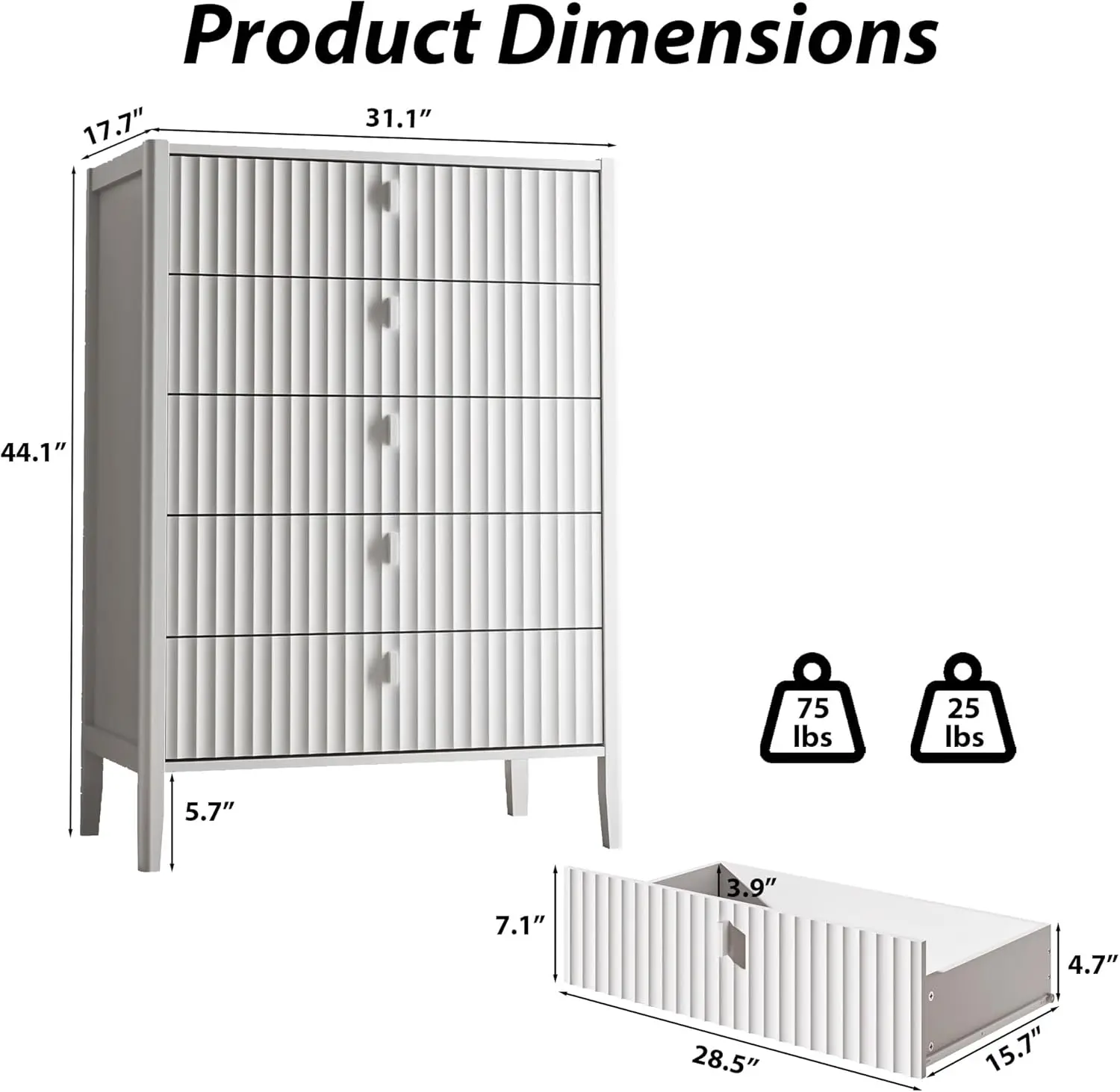 

White 5 Drawer Dresser, Fluted Wood Chest of Drawers for Bedroom, Modern Dresser with Deep Drawers for Clothes