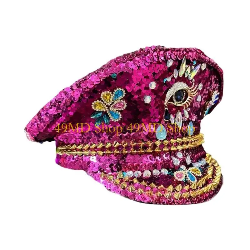 49MD Jeweled Captain Hat Pink Crystal Sailor Hat Bride Hat for Wedding Props