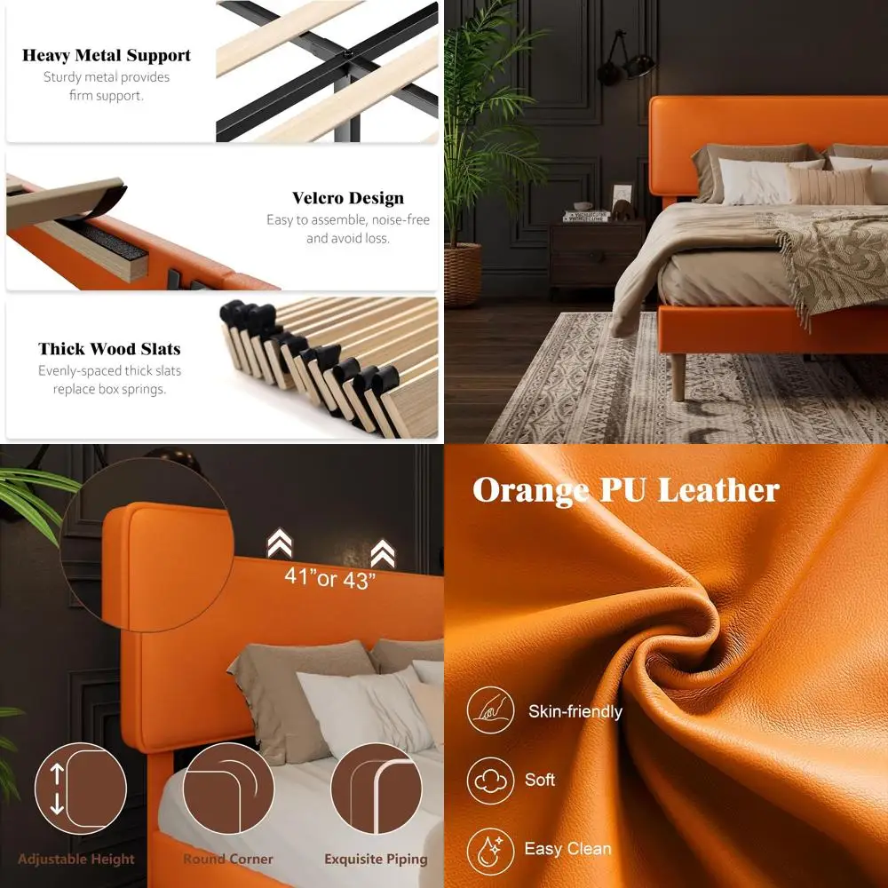 

Orange Queen Size Leatherette Upholstered Platform Bed with Adjustable Slat Support, No Box Spring Needed, Easy Assembly
