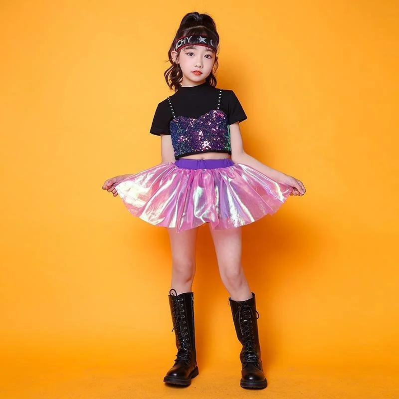 Kinder Performance Kleid Jazz Tanz Hip Hop Street Dance Kleid Mädchen Pailletten Show mit Nabel ausgesetzt Flut