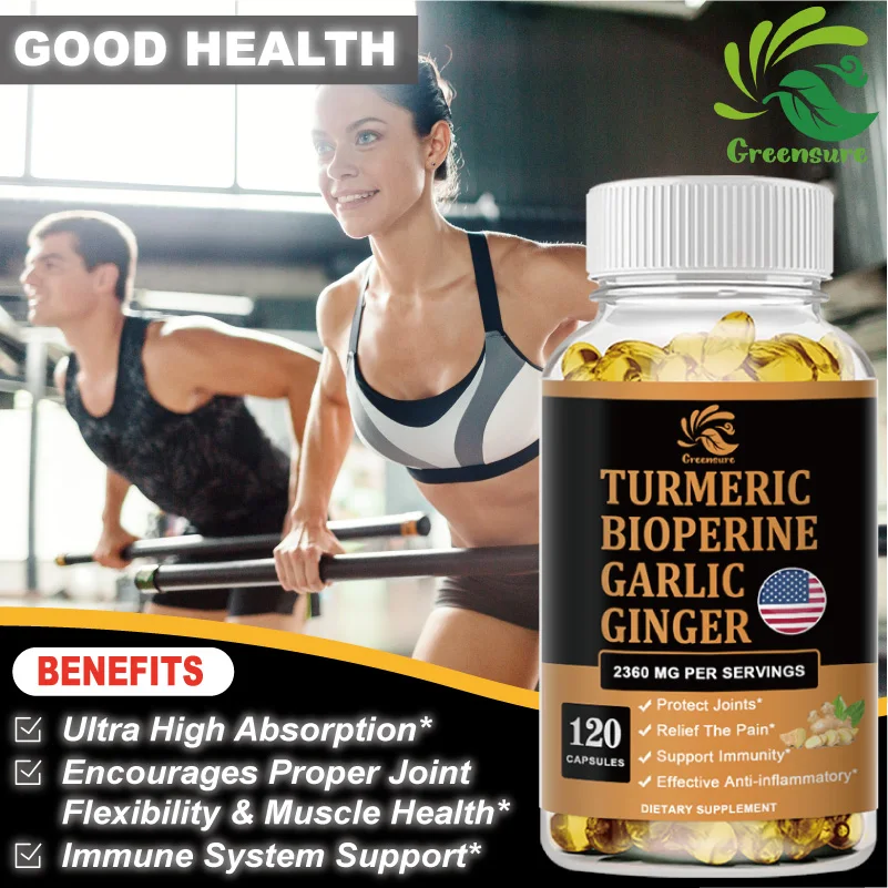 Greensure Natural Turmeric Bioperine Garlic Ginger Capsule - Joint Support, Antioxidants - 60/120 Capsules