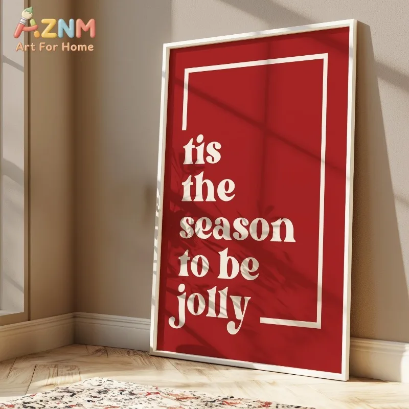 Retro Red Christmas Quote Canvas Wall Art Tis The Season To Be Jolly Holiday Home Decor Wall Print Unframed Canvas Poster