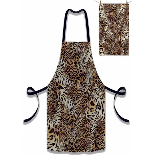 Else Carpet Else Black Coffee Leopard print Fabric Chef Dish Kitchen Apron and Towel