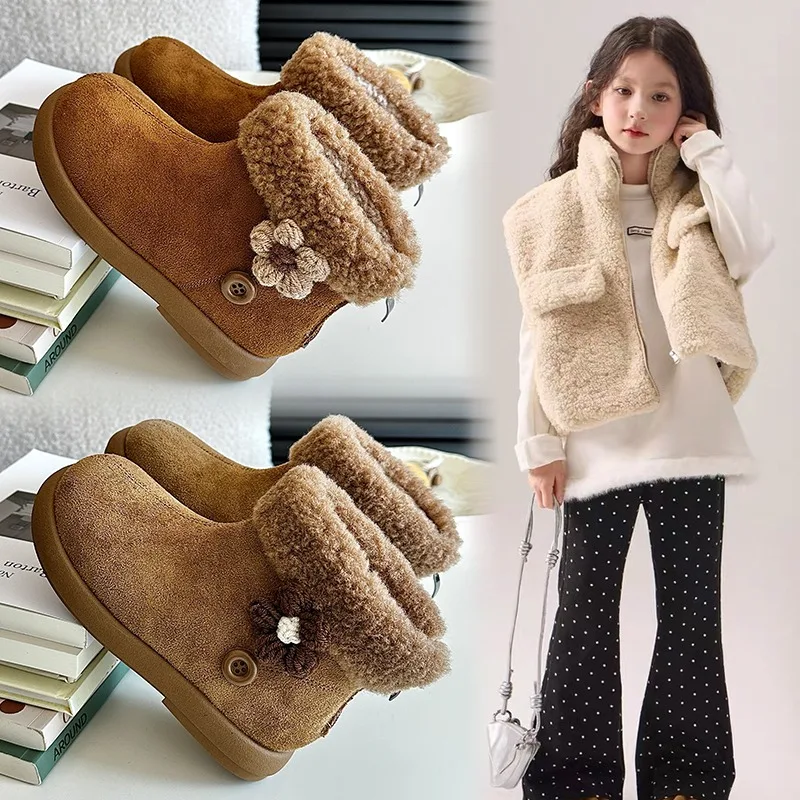 

Cute Girls Short Boots with Sweet Flowers Kids Leather Boots Suede Warm 2025 Winter Children Princess Boots Soft Sole Elegant