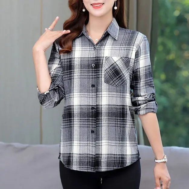 Women Spring and Autumn Fashion New Polo-Neck Thin Shirt Plaid Button Pockets Splicing Loose Commute Versatile Long Sleeves Tops