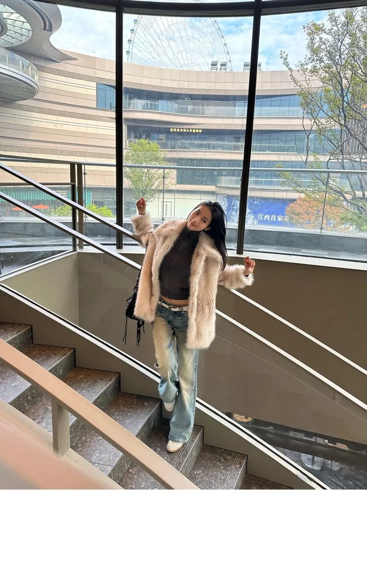 Winter Women Gradient White With Black Tips Long Hairy Shaggy Fox Faux Fur Coat Lapel Collar Midi Long Straight Shaggy Outerwear