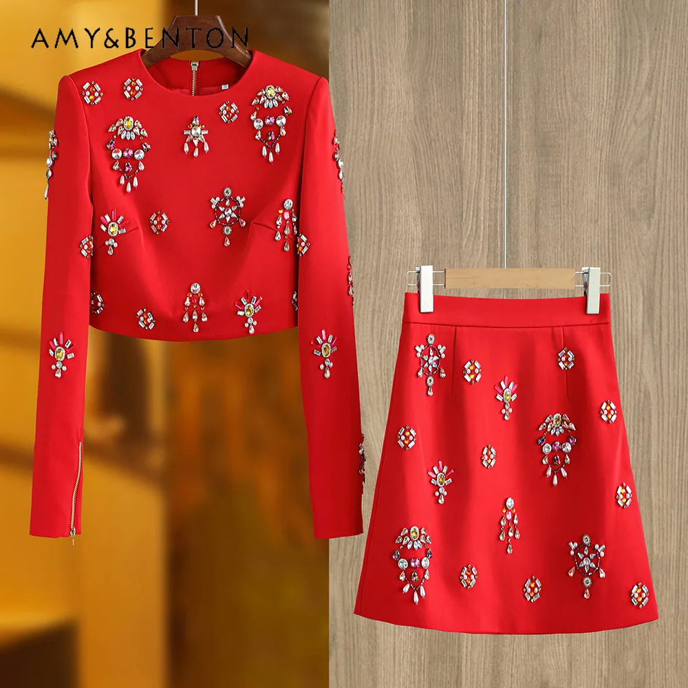 Heavy Industry Beads Long-sleeved Crew Neck Top High Waist Mini Skirt Temperament Socialite Red Two Piece Sets Womens Outifits