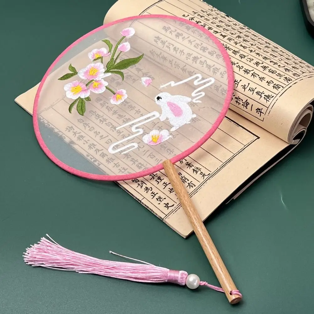 Chinese Single Sided Embroidery Hand Held Circular Fan Vintage Silk Fan Ancient Tassel Dance Hand Fan Traditional Cheongsam Tang