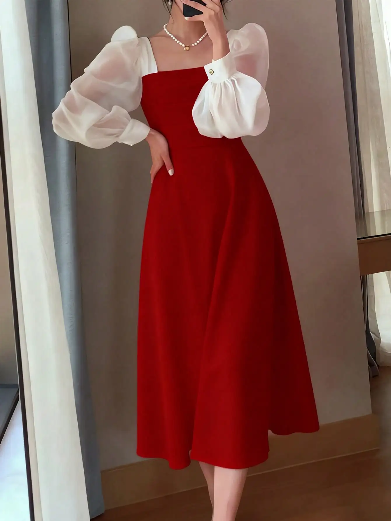Youth Off-Shoulder Long Sleeve Dress Spring Autumn Children's Wear Bubble Sleeves Square Neck A-Line Retro Style