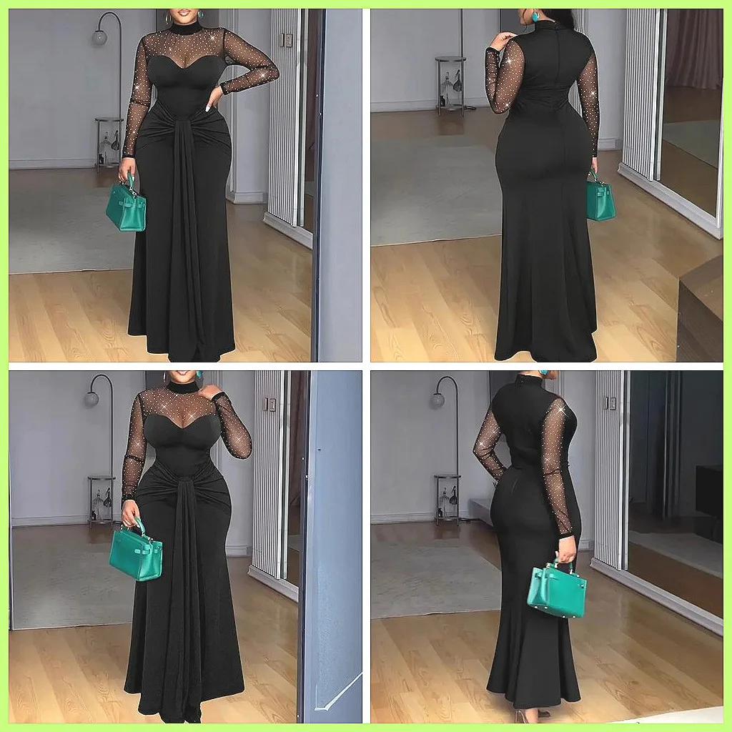 

Women's Sexy Mesh Hollow Patchwork Party Dress Long Sleeve Slim Fit Evening Dress