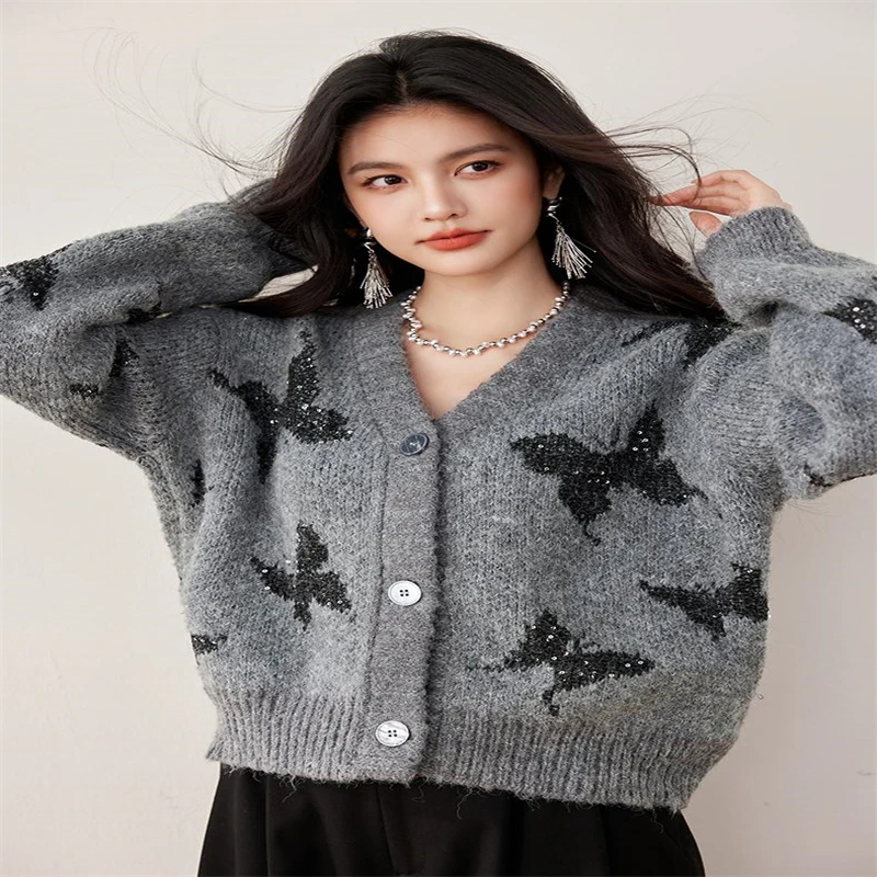 ZBZA Women Sequin Jacquard Knit Cardigan Loose V-neck Long Sleeves Single Breasted Ribbed Trims Sweater Winter Female Chic Coat