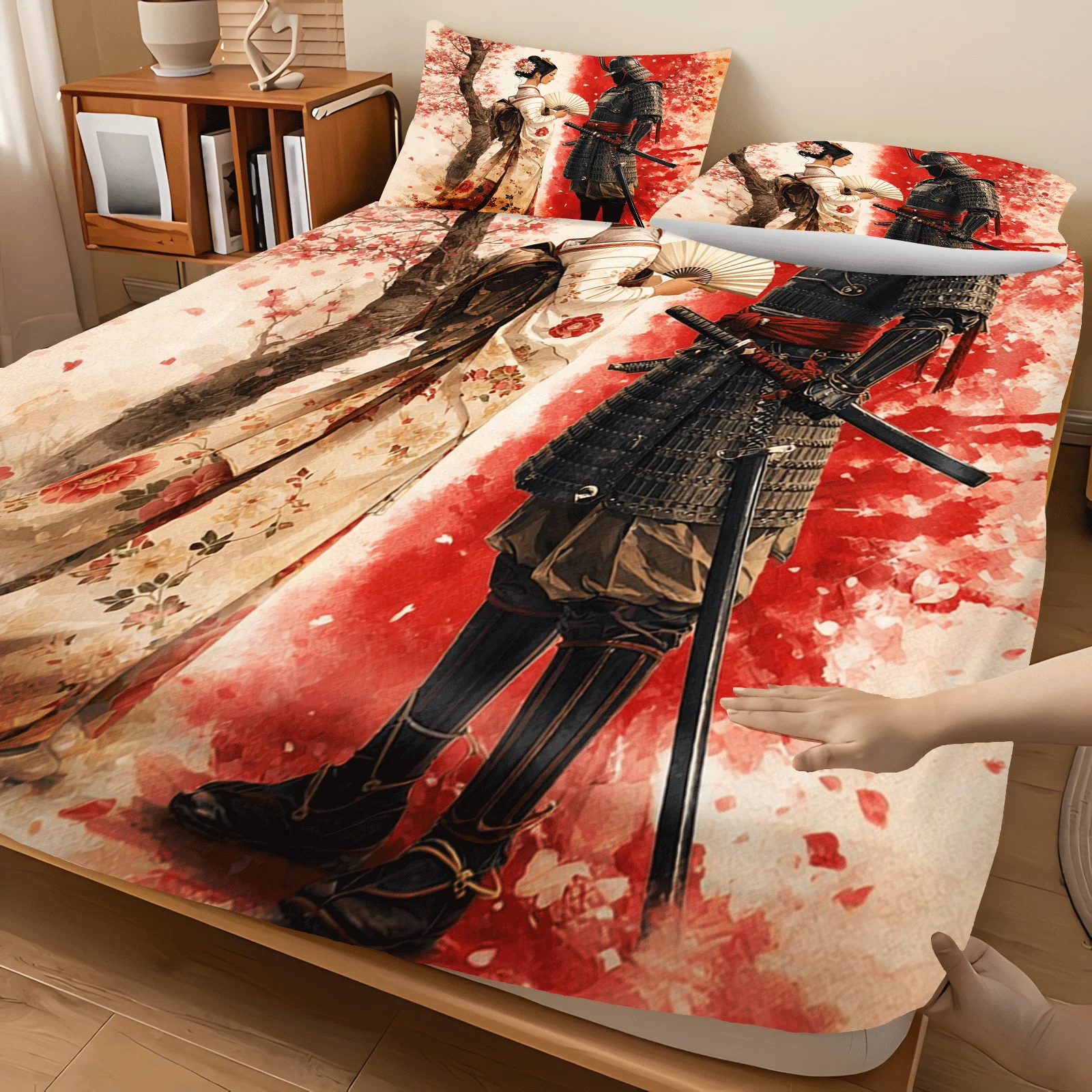 Watercolor texture bed sheet set, Japanese samurai style and breathable polyester material (includes 1 fitted sheet + 2 pillowcases) mattress protector, fitted elastic style, protective cover, mattress protector, fitted bedding, Christmas themed bedding, baby bedding, suitable for nursery rooms