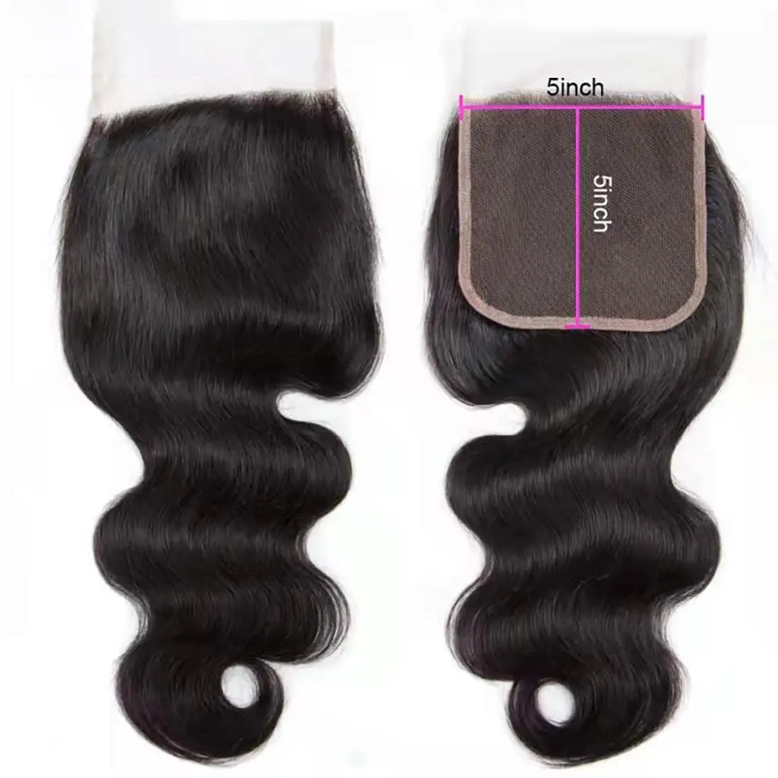 Body Wave 5x5 Cierre de encaje Cabello humano brasileño sin procesar Encaje transparente suizo Pre desplumado Línea de cabello Parte libre Negro natural