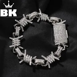 THE BLING KING Men's Large Barbed Wire Chain Bracelet Iced Out Baguette CZ Full 19MM Thick Link Charm Hip Hop Box Clasp Jewelry