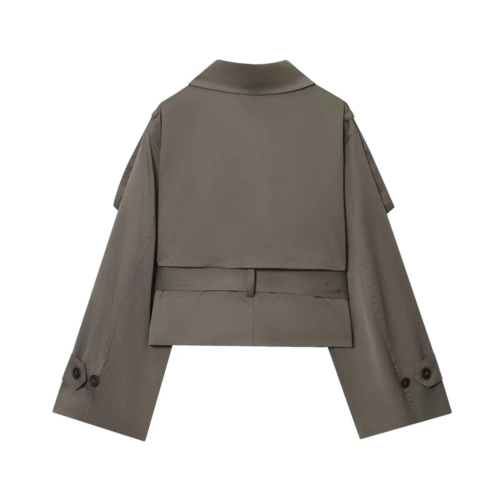 Taupe Cropped Trench Coat Lapel Collar Shoulder Epaulets Buttons Adjustable Buckle Waist Belt Strap Cuff Loose Vintage Outerwear