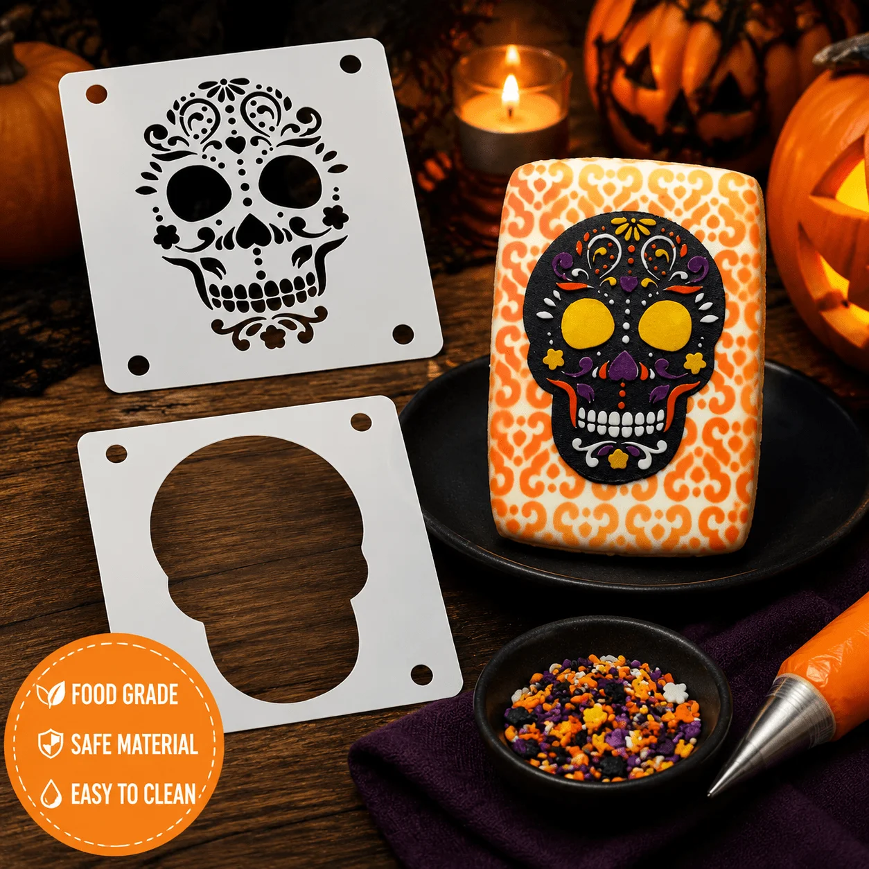 2Pcs Halloween Sugar Skull Spray Stencils, Matching Skull Frame & Floral Skull Template for Cake Cookie Powder Dusting Decor