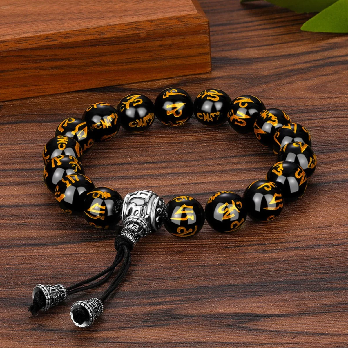 Tibetan Ethnic Silver Color Buddha Bead Bracelet for Men Om Mani Padme Hum Lotus Shaped Vintage Nepal Obsidian Jewelry Wholesale