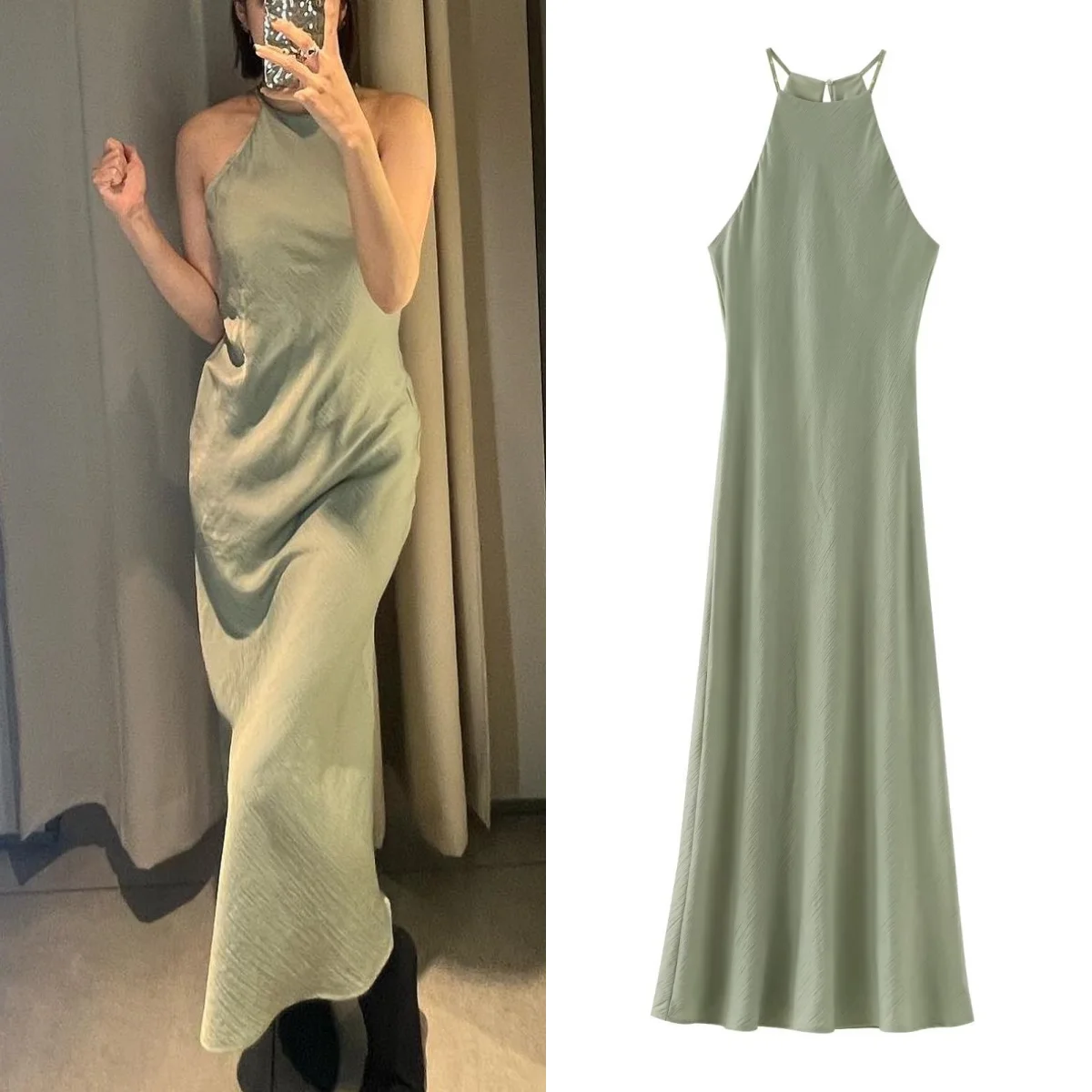 TRAF-Robe Longue en Satin Texturé pour Femme, Tenue de Soirée Sexy et Élégante, Col Licou, Dos aux, Collection Été 2024