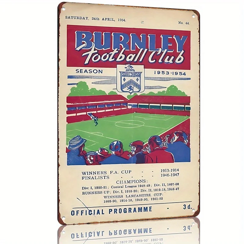 Cubierta del programa del Club de fútbol Burnley Vintage, temporada 1953-1954, letrero de estaño de Metal, ilustraciones de torneo de fútbol Retro para