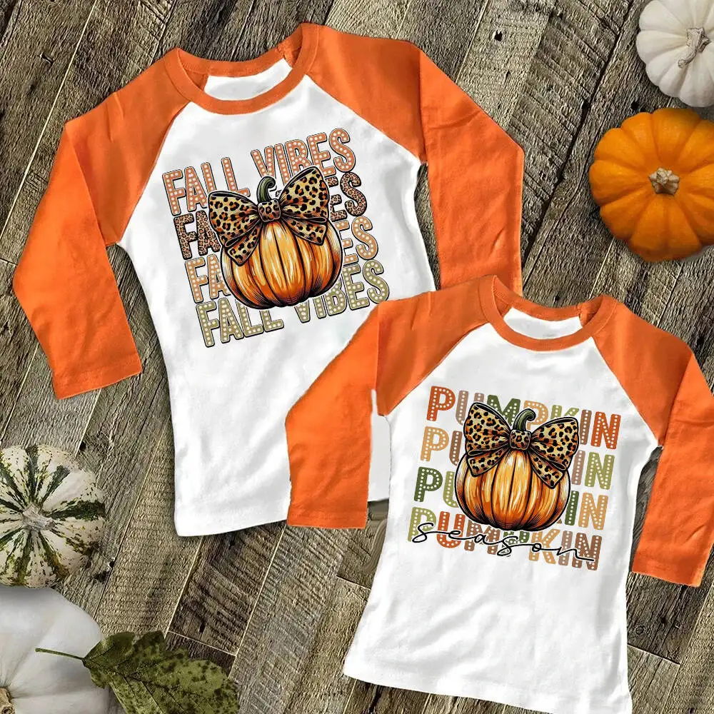 Fall Vibes Pumpkin Season Print Kids Raglan T-shirt Thanksgiving Party Boys Girls Outfit Autumn Child Long Sleeve Shirts Clothes
