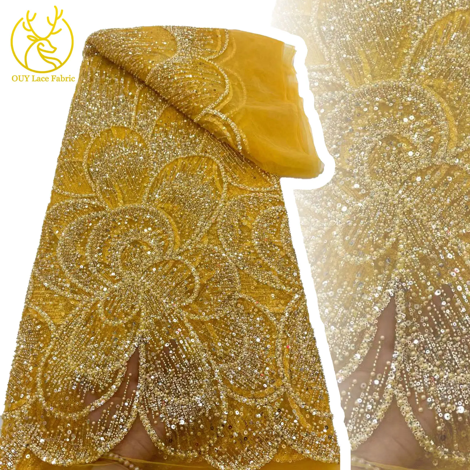 

Gold African Sequin Lace Fabric 2025 High Quality French Nigerian Heavy Duty Beaded Lace Fabric for Bridal Party Evening Gowns