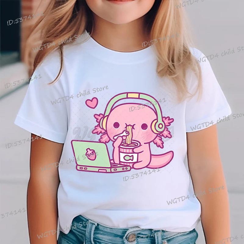 Cute Axolotl Eating Noodles Print T Shirt Gamer Axolotl Tees For Boy Girl Casual Short Sleeve T-shirt Funny Cartoon Tshirt Gifts