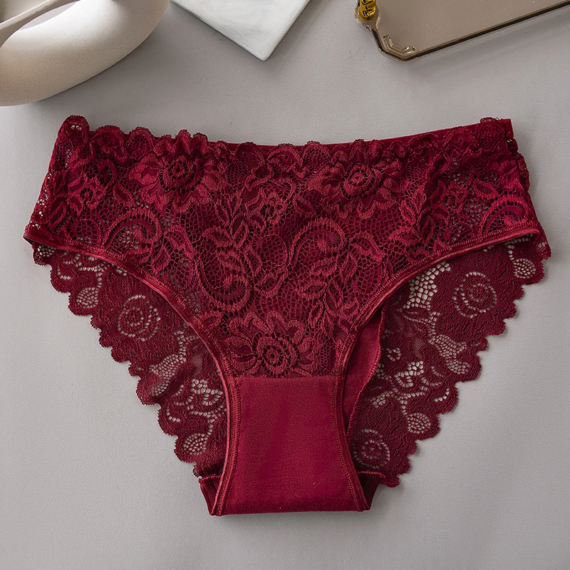 Dámské bavlněné kalhotky s krajkovým vzorem a středním pasem, sexy spodní prádlo, 6 ks - náhled 6