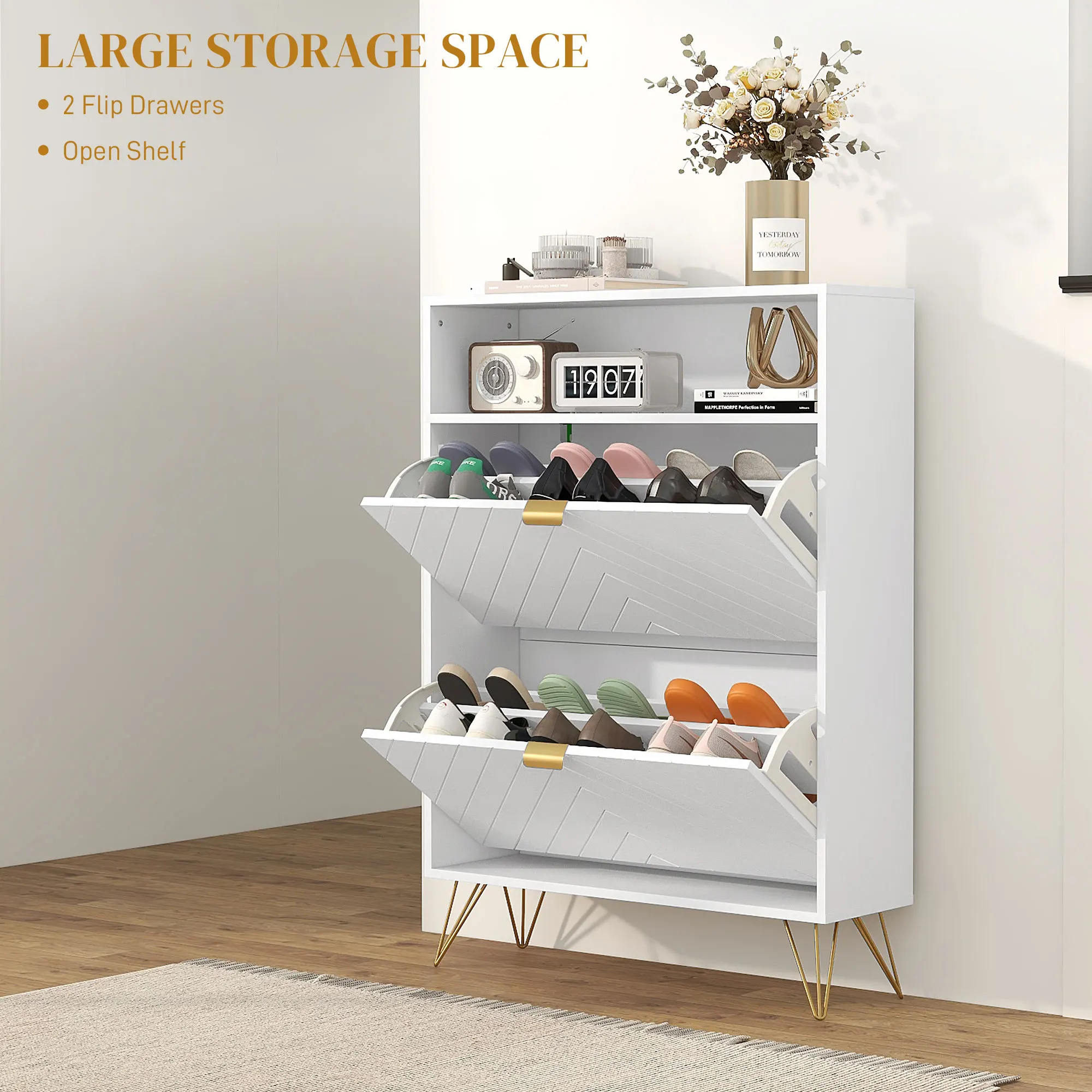 HOMCOM Narrow Shoe Storage Cabinet with 2 Flip Drawers for 12 Pairs of Shoes