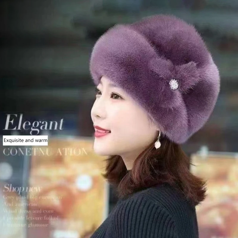 〔CC88〕Trendy New Mom Hat Artificial Mink Fur Female Winter Fashion Leather Warm Berets For Middle-aged Women