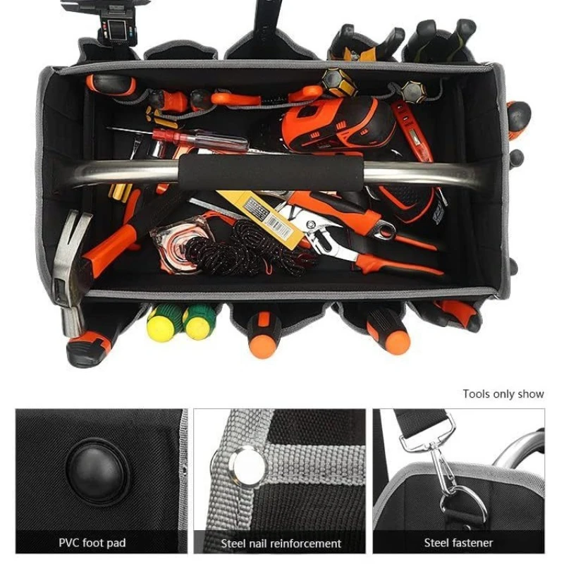 Multi-Purpose Garden Tool BoxTool Bag with 16 External Pockets, Steel Handle & Shoulder Strap for Electrician and Repair