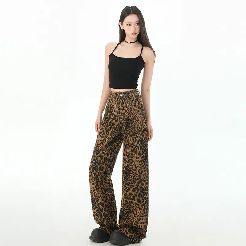 กางเกงยีนส์สตรีผู้หญิงเสือดาวพิมพ์ผู้หญิง DENIM กางเกง Jean Shoujo สาวสไตล์ Baggy กางเกงยีนส์ Y2k สูงเอวกางเกง Coquette กางเกง