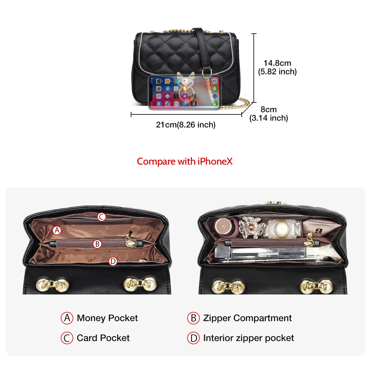 FOXER Split Leather Lady Chain Shoulder Bag Elegant Female Classic Crossbody Bag Diamond Lattice Women Messenger Bags