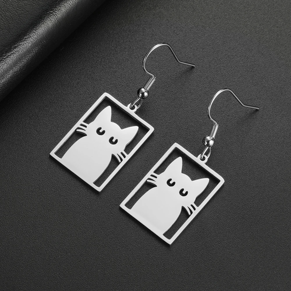 My Shape Cute Cat Earrings for Women  Stainless Steel Rectangle Shaped Cat Kitten Earrings Animal Fashion Jewelry Gifts