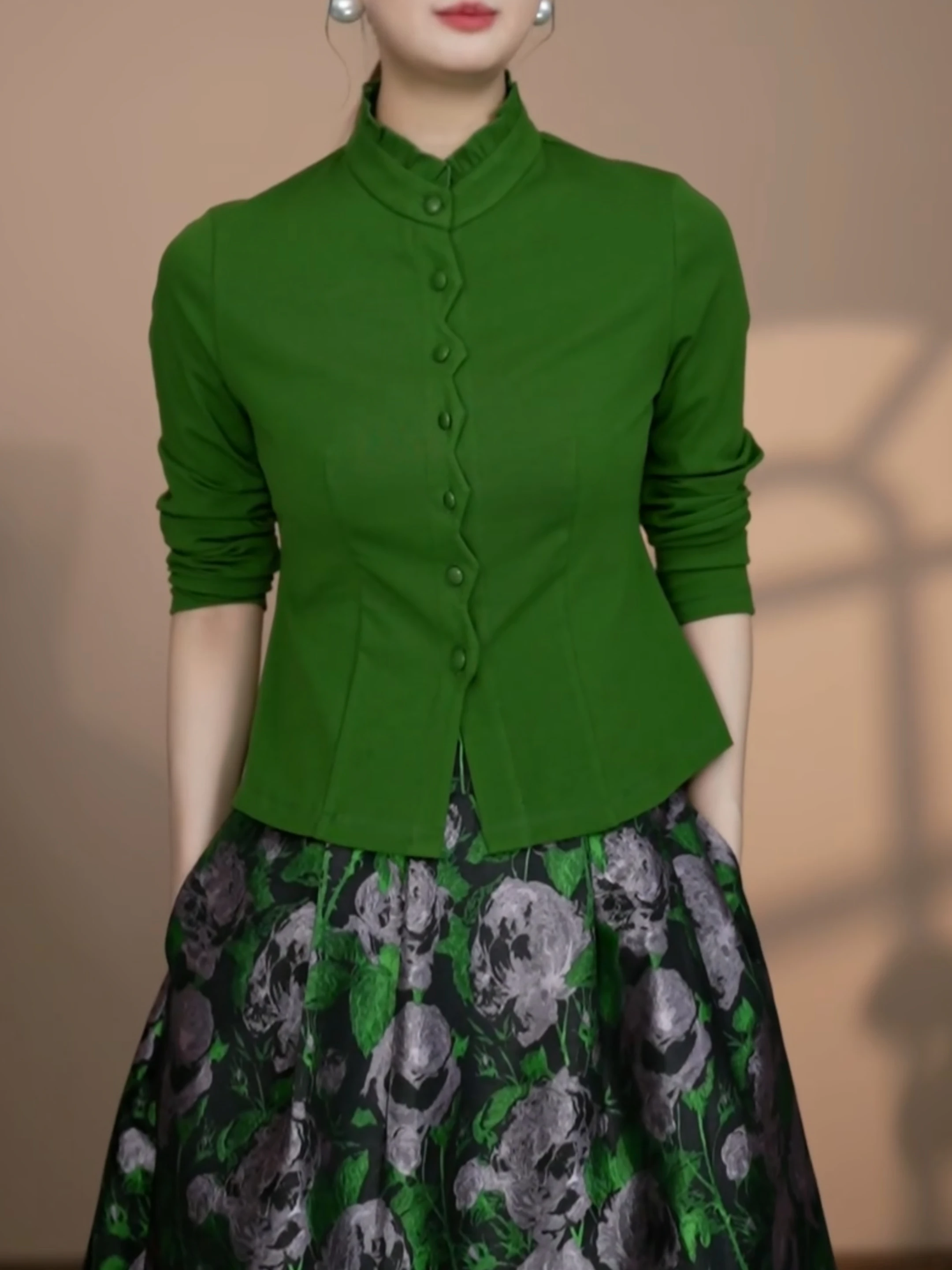 

Ретро een воротник-стойка irt с цветочным принтом белый улучшающий большой размер модный корейский женский осенний новый поступление