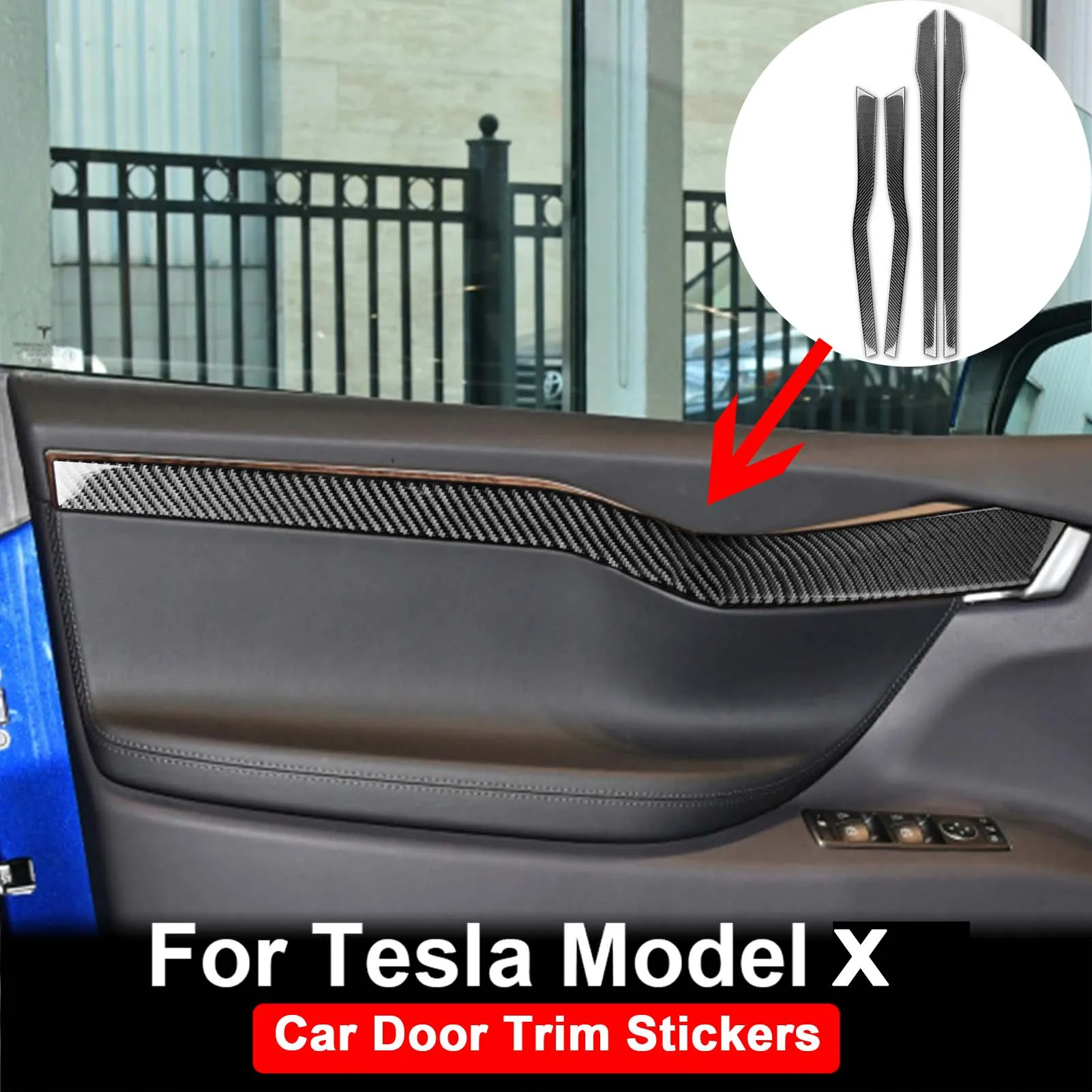 4Pcs Carbon Fiber Car Door Interior Cover Trim Sticker For Tesla Model X 2016 2017 2018 2019 2020 Decorative Car Accessories