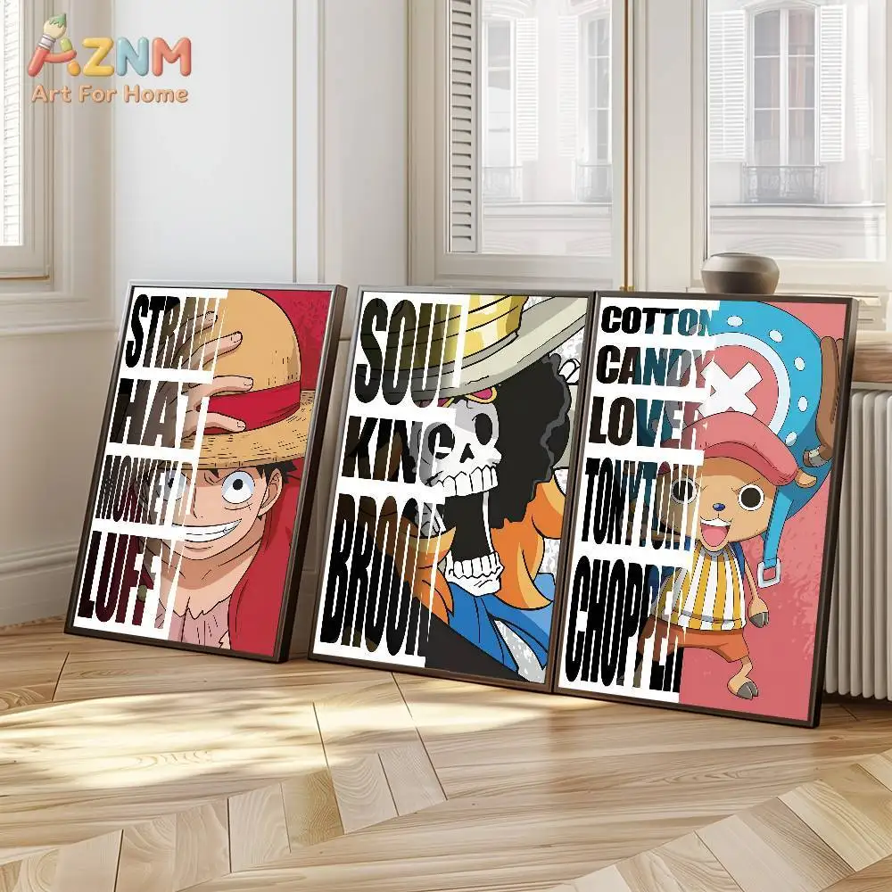AZNM One Piece Text Overlay Canvas Print Unframed Luffy Brook Chopper Typography Anime Character Home Wall Art Poster