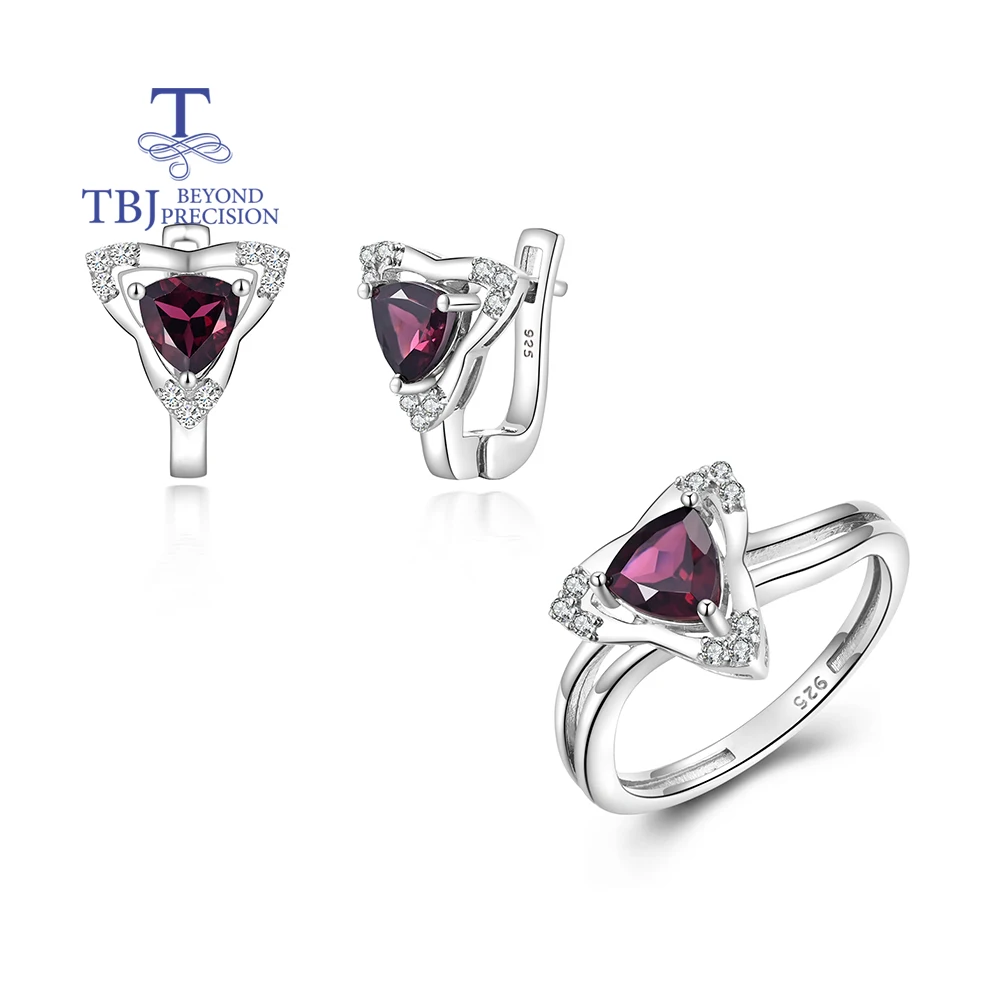 

TBJ Luxury Earrings & Ring Set for Women 925 Sterling Silver Natural Rhodolite Gemstone Fashion Jewelry Birthday Party Gift