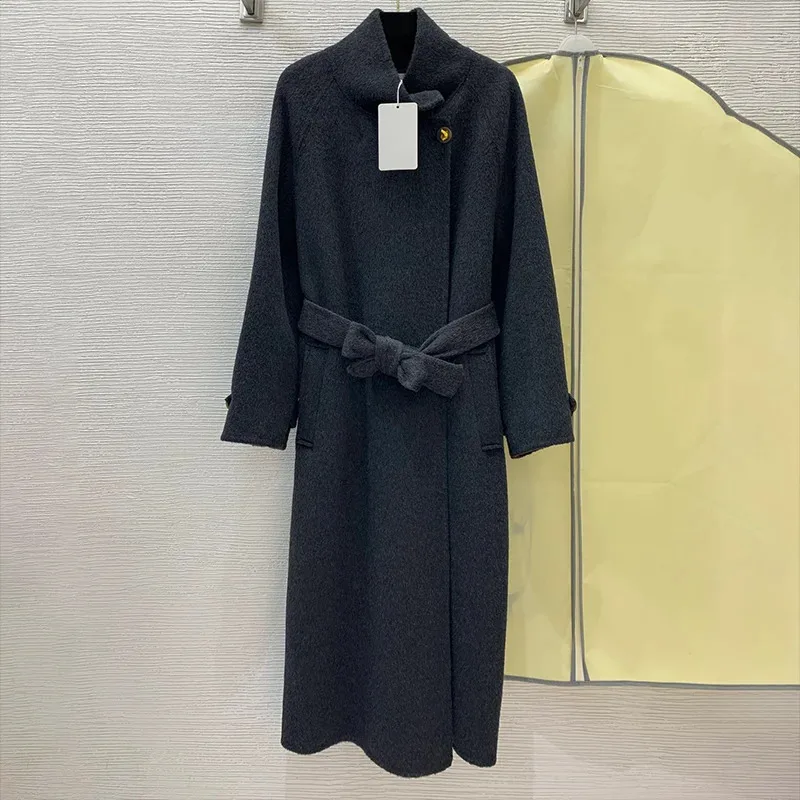 

Women's high quality Stand collar Woolen Lace up trench Coat Autumn Winter New Slim Socialite Temperament Knee length 24090453